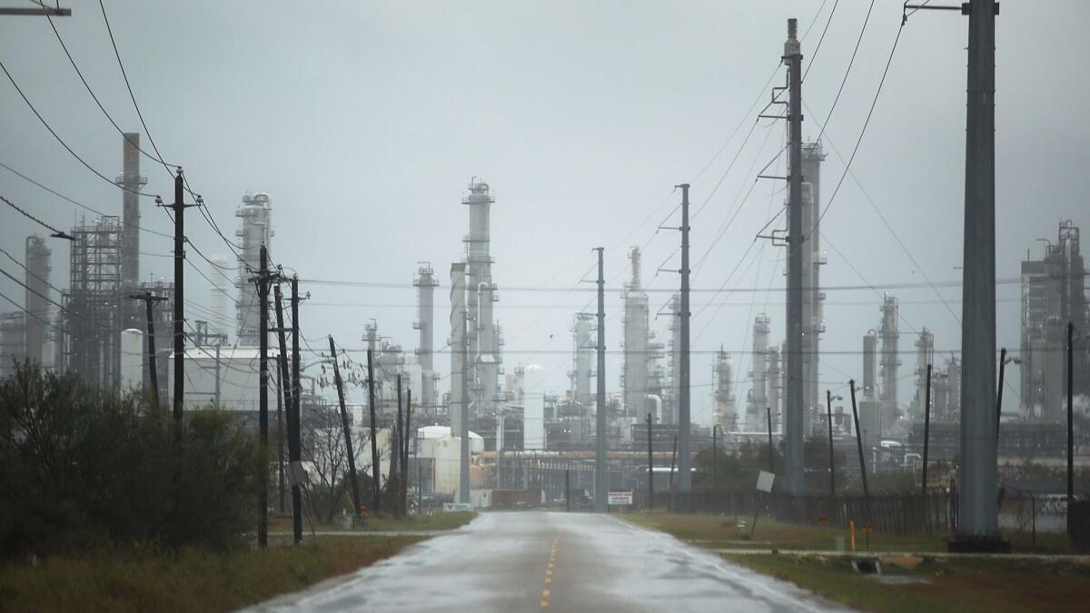 An oil refinery complex in Corpus Christi, Texas, before the arrival of Hurricane Harvey on Aug. 25. More than a dozen Texas refining facilities have shut down since the storm hit.