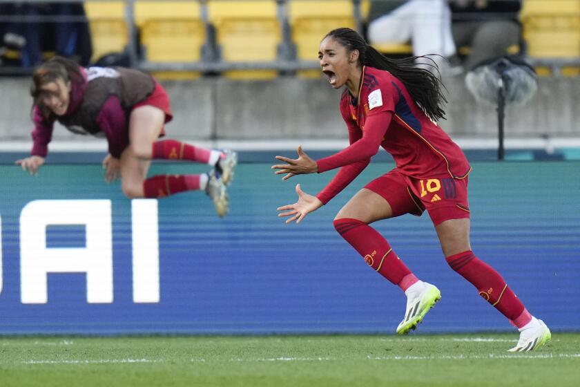Spain's Salma Paralluelo celebrates after scoring her team's second goal during extra time play.
