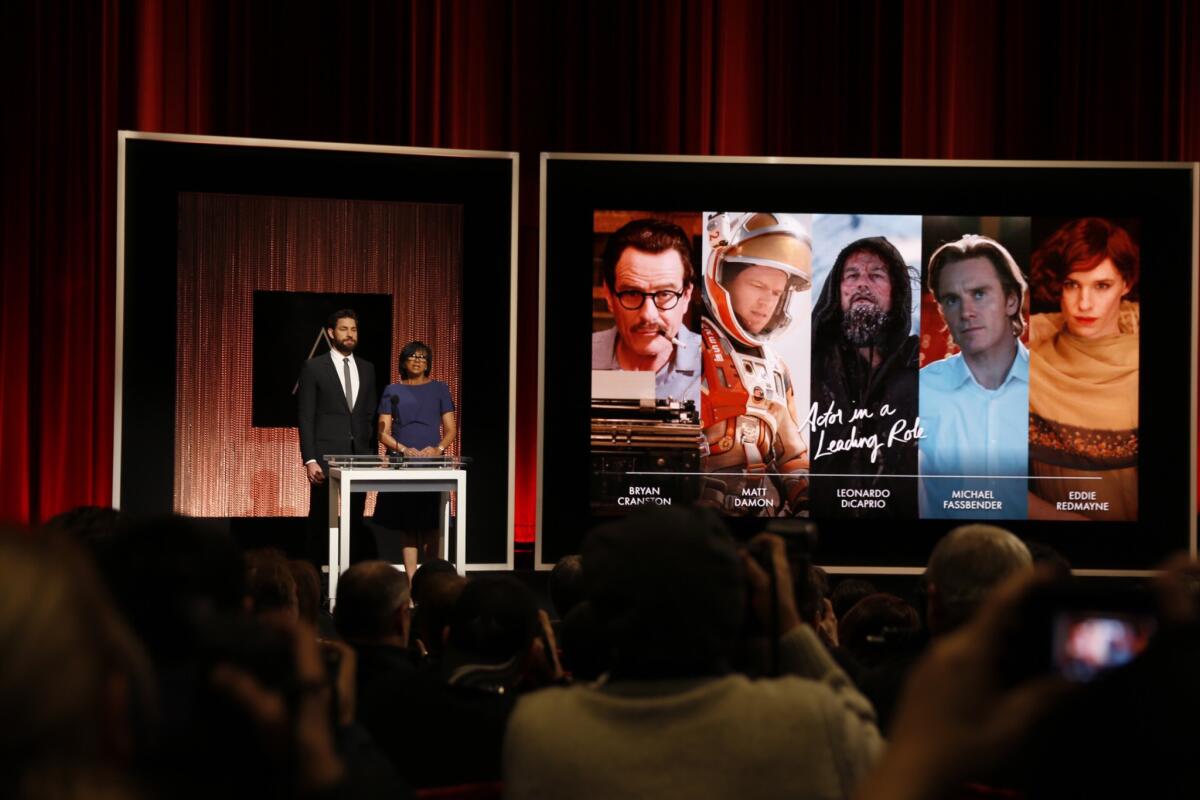 Actor John Krasinski and Academy President Cheryl Boone Isaacs announce the Oscar nominees for lead actor for the 88th Academy Awards.