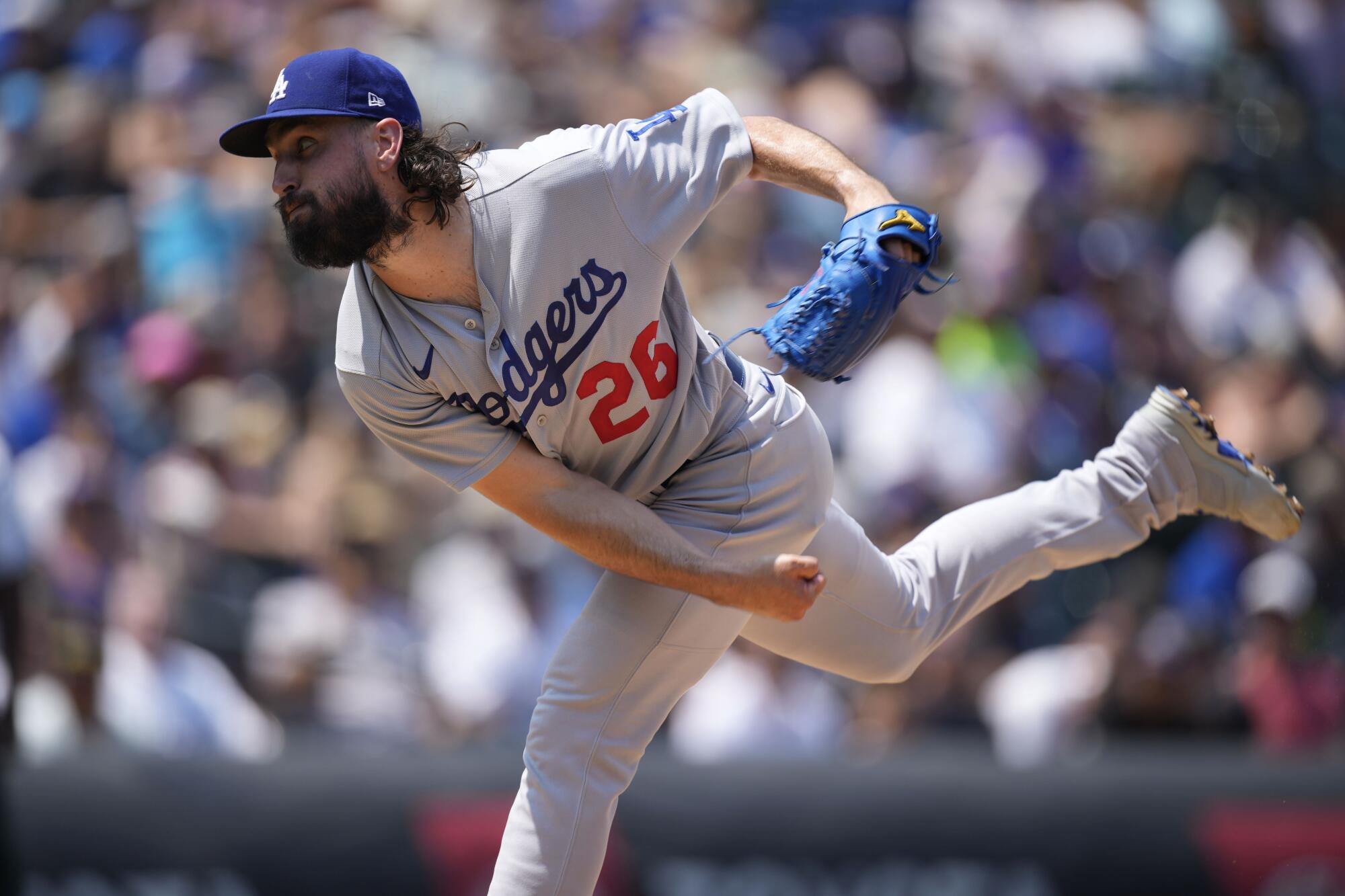 Dodgers starting pitcher Tony Gonsolin works against the Colorado Rockies.
