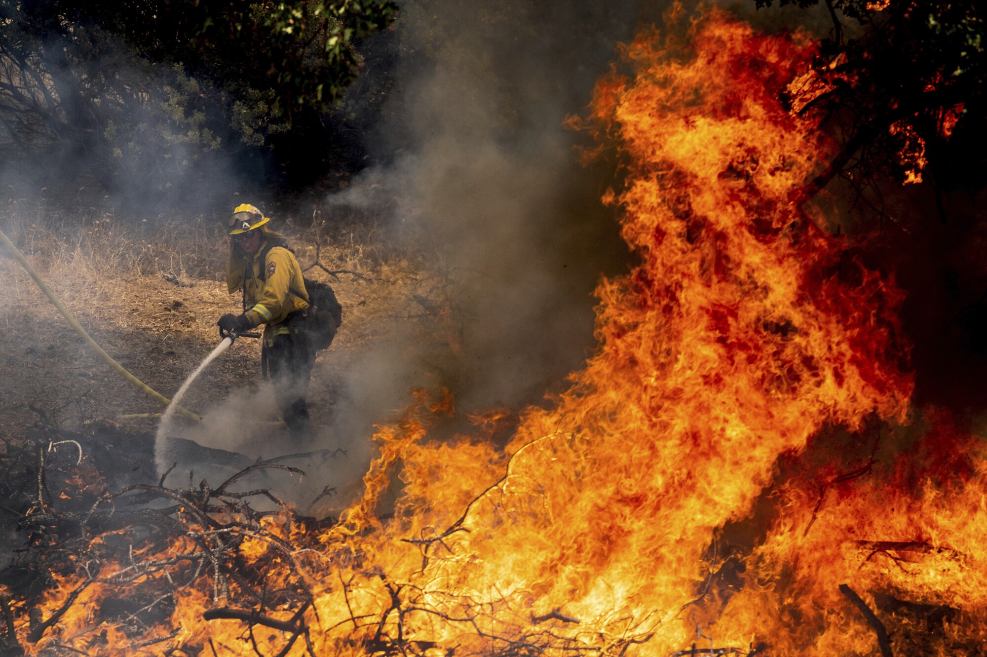 A firefighter sprays water on wildfire.