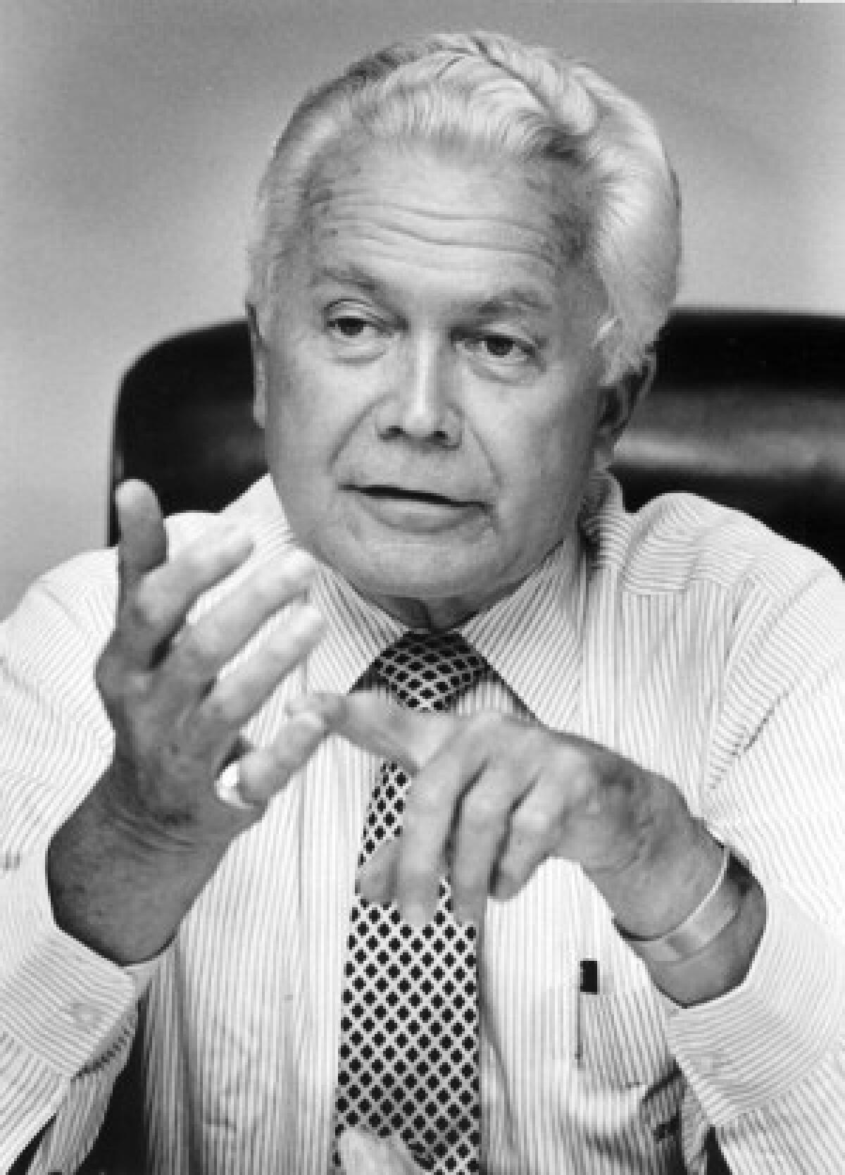 Robert G. Beverly, seen in 1988, may be best known for consumer-protection legislation that led to California's lemon laws. He said one of his most effective measures was a 'rob-a-home, go-to-jail' bill.