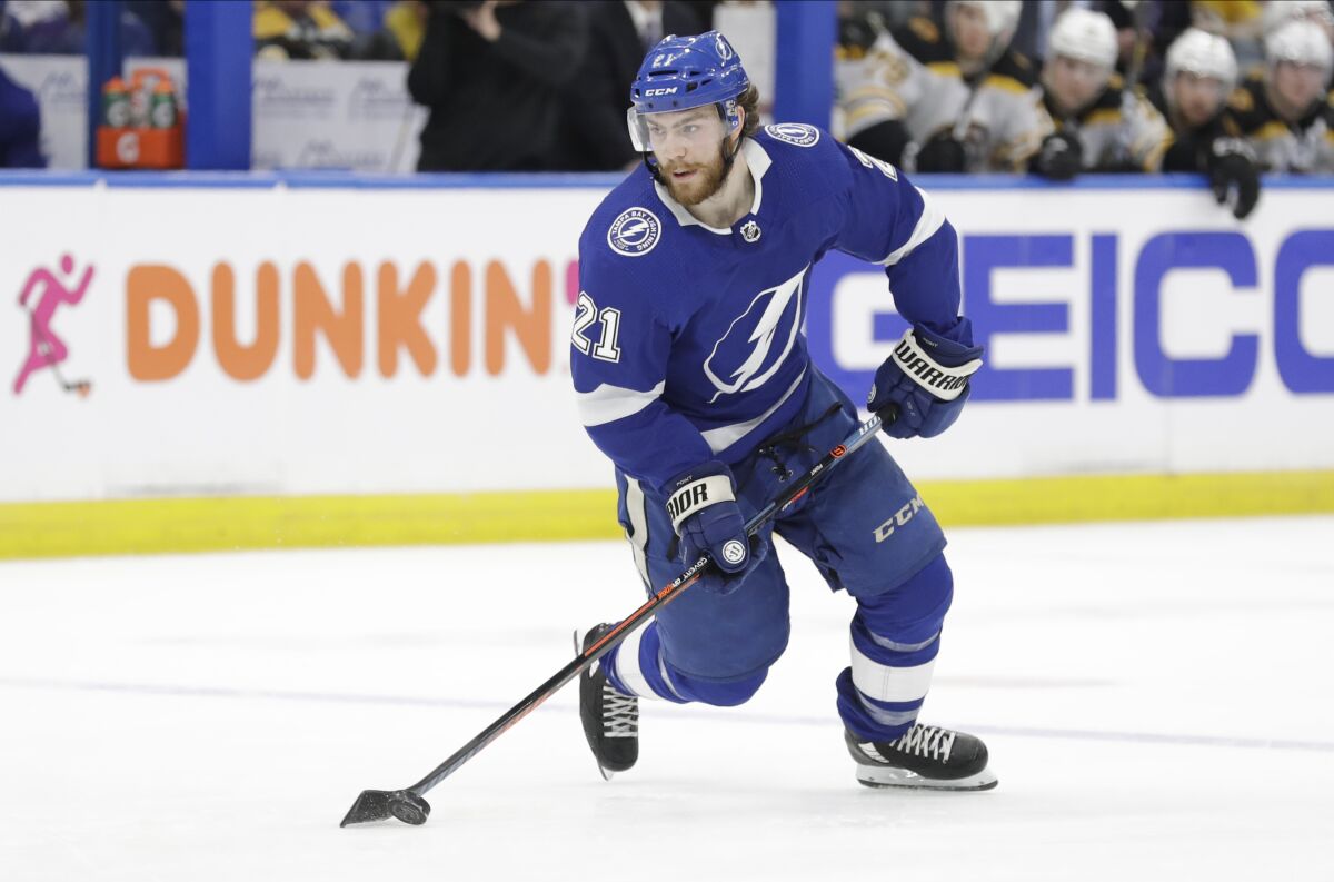 Tampa Bay Lightning center Brayden Point against the Boston Bruins.