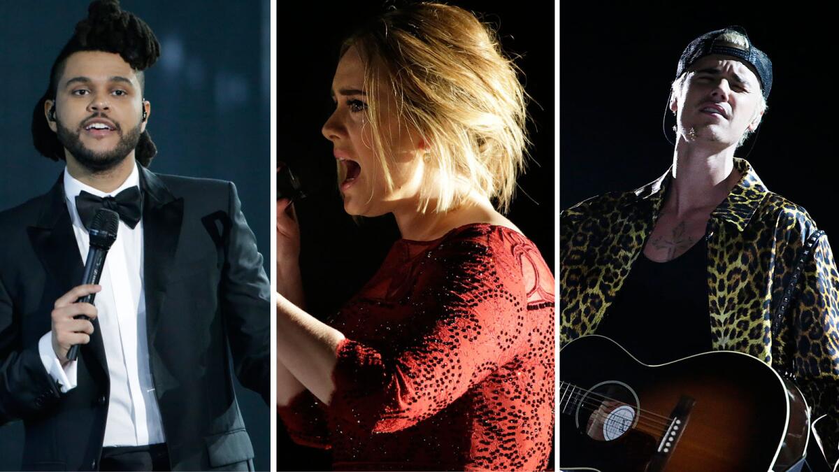 From left to right: The Weeknd, Adele and Justin Bieber perform at the 58th annual Grammy Awards at Staples Center in Los Angeles on Feb. 15.