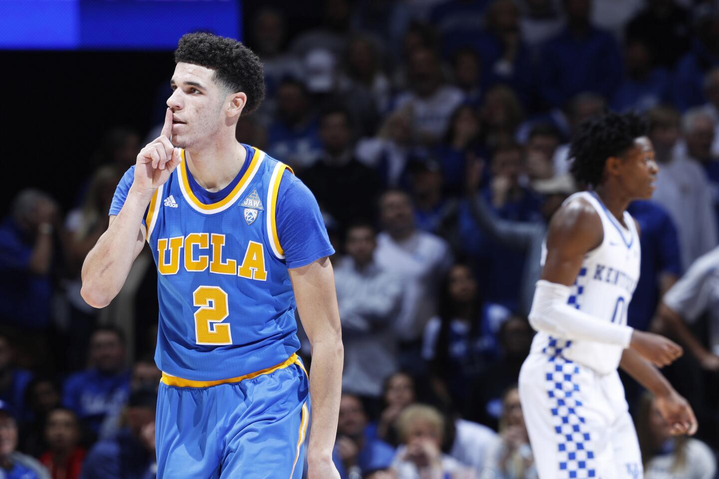UCLA guard Lonzo Ball reacts after making a three-point shot against Kentucky during the second half of their game on Dec. 3.