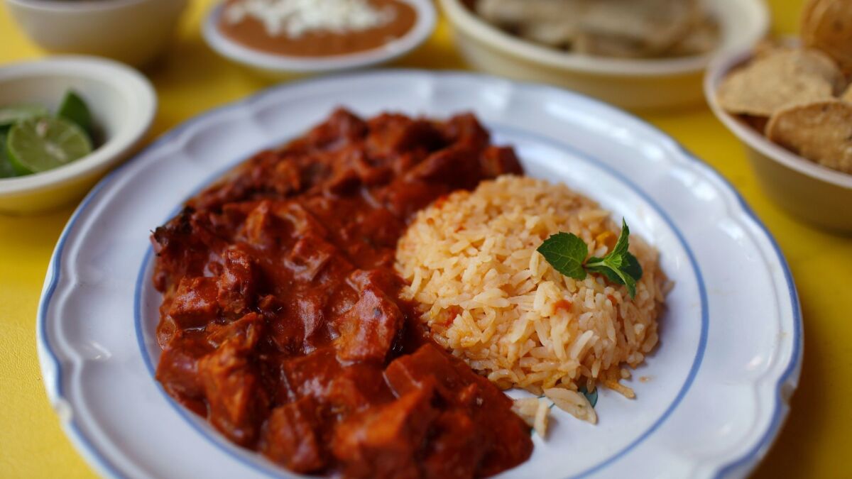 Carne con chile colorado, beef stewed in a red chile sauce, is served with rice, beans and tortillas at Viva Sonora. The restaurant, in the village of San Pedro, specializes in traditional Sonoran dishes.