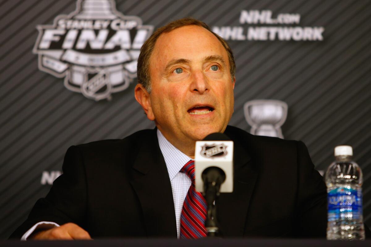 NHL Commissioner Gary Bettman speaks with the media during a news conference prior to Game 1 of the 2016 NHL Stanley Cup Final.