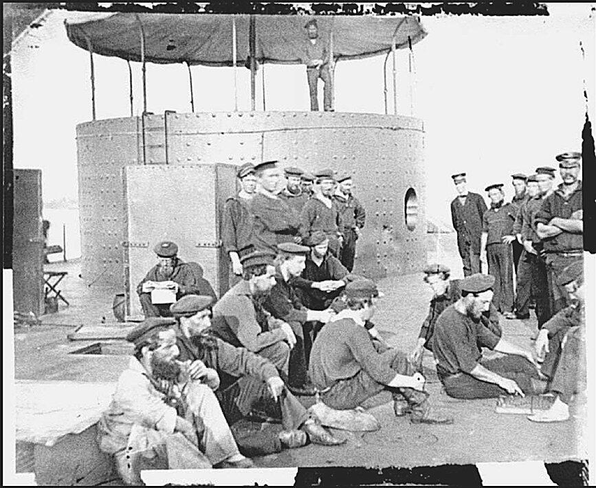 The crew of the USS Monitor relaxes on the deck of the Civil War ironclad at James River, Virginia, in this undated photograph by James F. Gibson. A U.S. Navy salvage crew dove to the floor of the Atlantic off the coast of Cape Hatteras in June, to examine the remains of the famed Union warship which sank on New Year's Eve 1862.