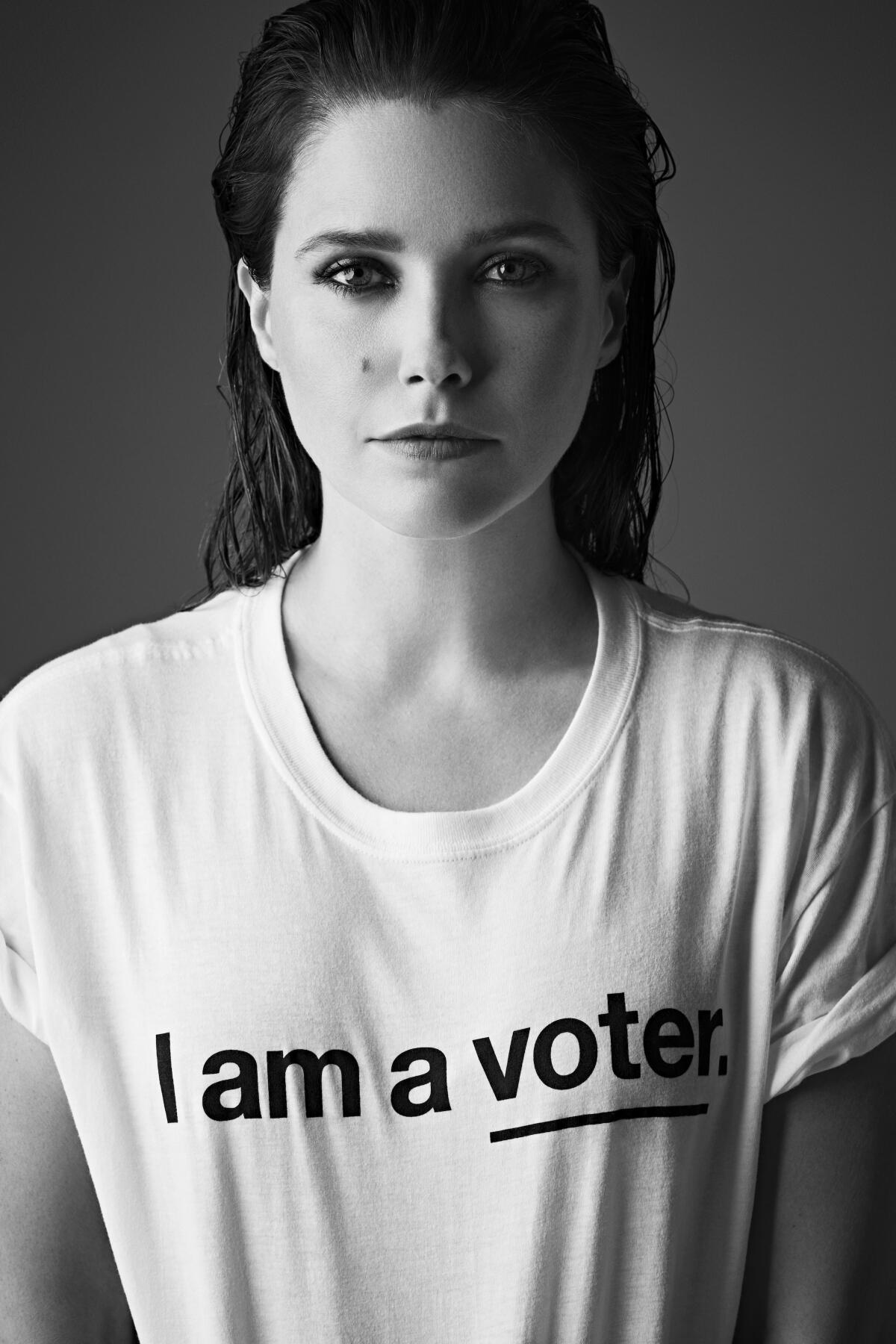 A campaign image of actress Sophia Bush wearing an I Am a Voter T-shirt.