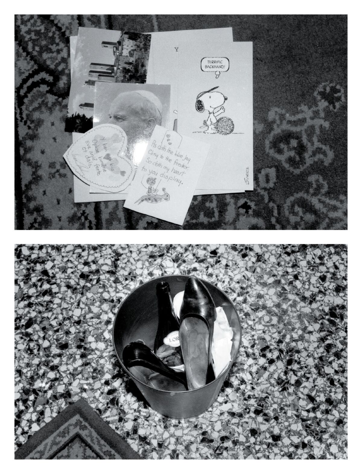 Black-and-white photos in a hotel room show greeting cards and a trash can with a guest's shoes and banana peels.