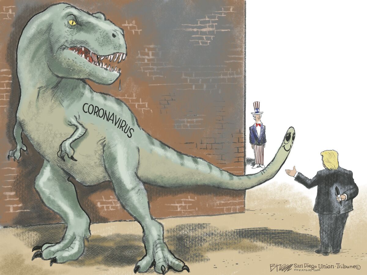 Trump uses a Sharpie marker to make a T-Rex labeled "coronavirus" look less threatening in this Breen cartoon