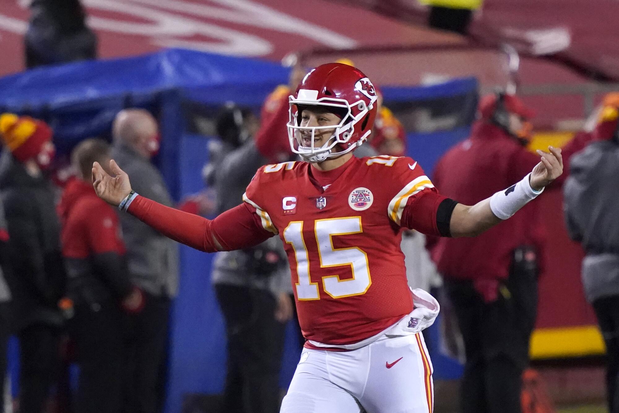 Kansas City Chiefs quarterback Patrick Mahomes celebrates after throwing a five-yard touchdown pass.