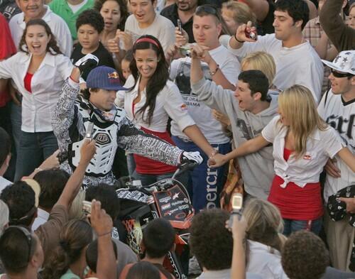 Freestyle motorcross star Ronnie Renner makes his way through the crowd before he attempts to establish the world record for highest air ever attained on a motorcycle on a quarter-pipe ramp on the Santa Monica Pier.