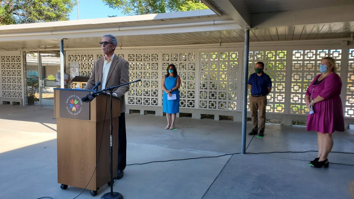 San Diego Unified Board President John Lee Evans speaks about the district's reopening.
