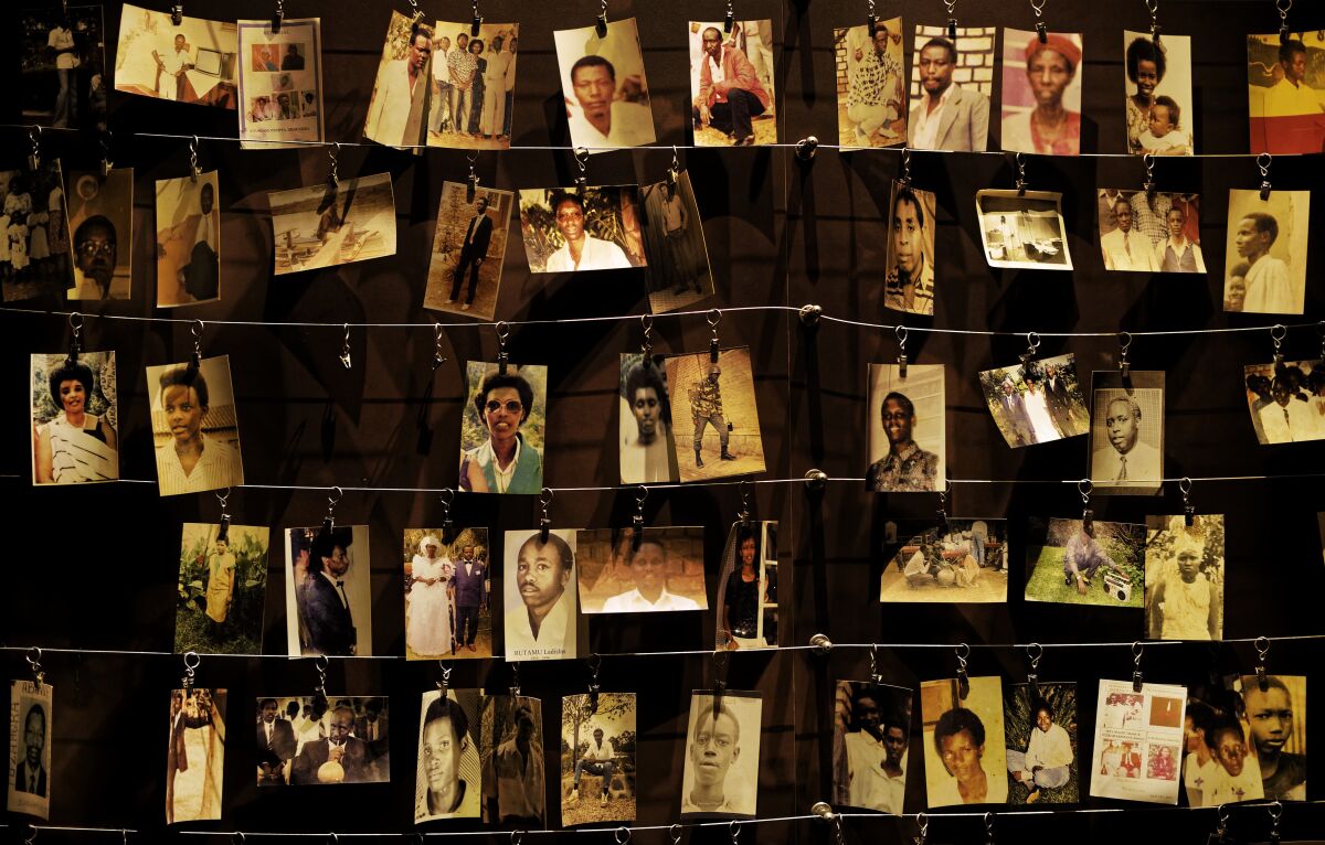 Photographs at the Kigali Genocide Memorial of some of the people who died in the violence in Rwanda in 1994.