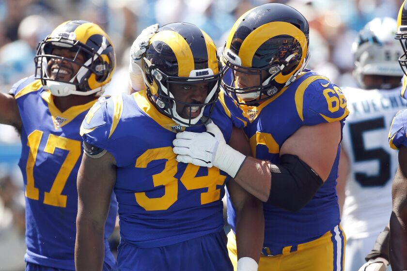 FILE - In this Sept. 8, 2019, file photo, Los Angeles Rams running back Malcolm Brown.