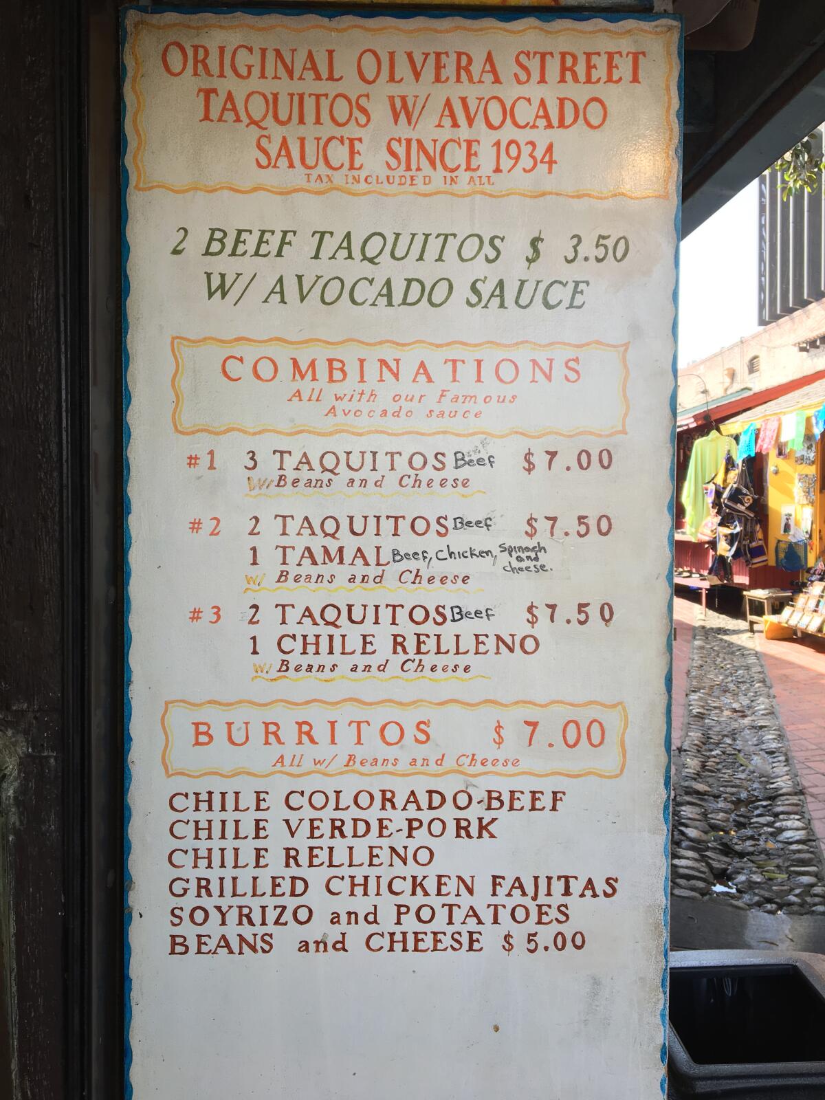 The menu sign at Cielito Lindo's Olvera Street location