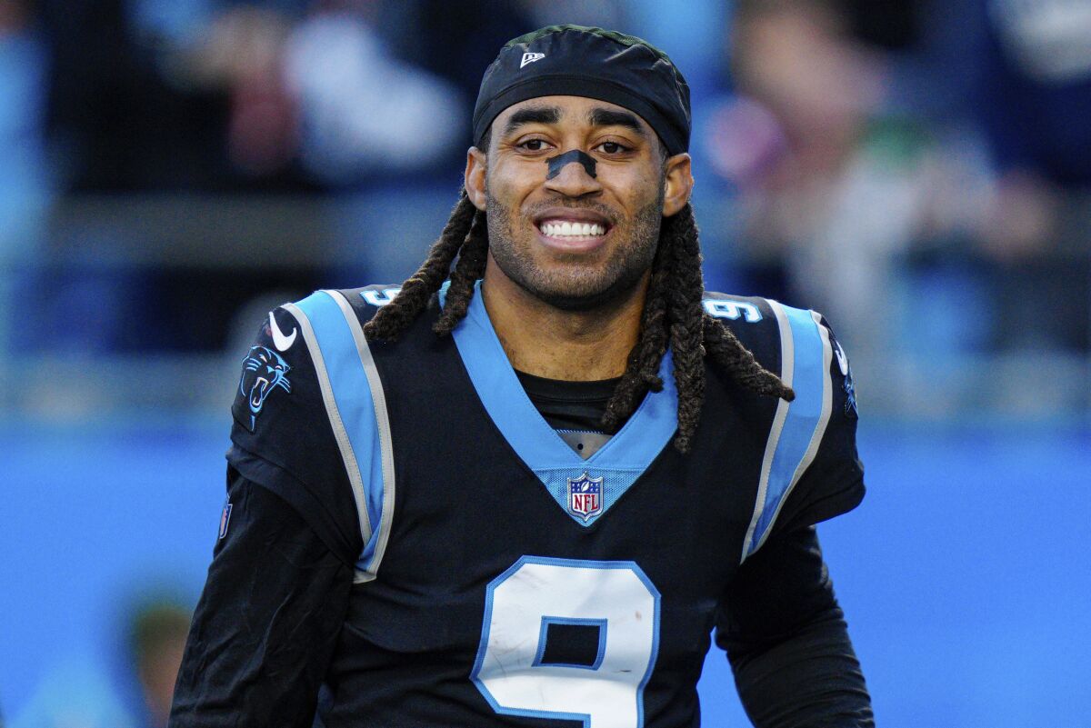 FILE - Carolina Panthers cornerback Stephon Gilmore walks off the field after an NFL football game against the New England Patriots, Sunday, Nov. 7, 2021, in Charlotte, N.C. The Indianapolis Colts have solidified their secondary by signing five-time Pro Bowl cornerback Stephon Gilmore to a two-year contract, a person with knowledge of the deal told The Associated Press on Friday, April 15, 2022. (AP Photo/Jacob Kupferman, File)