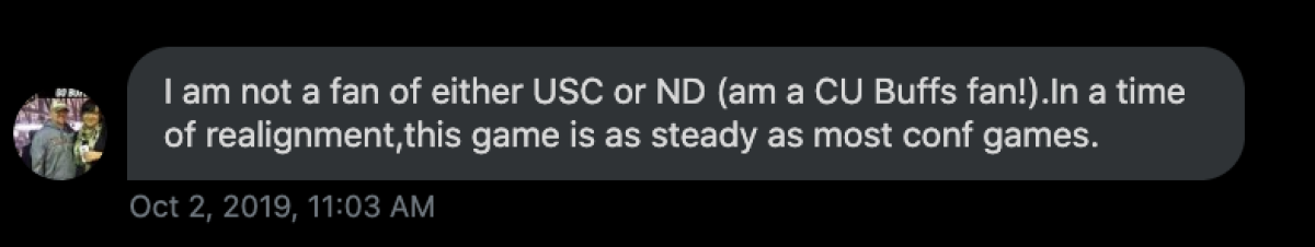 Colorado fan Matt Toepfer, from Longmont, Colo. comments on the USC-ND rivalry.