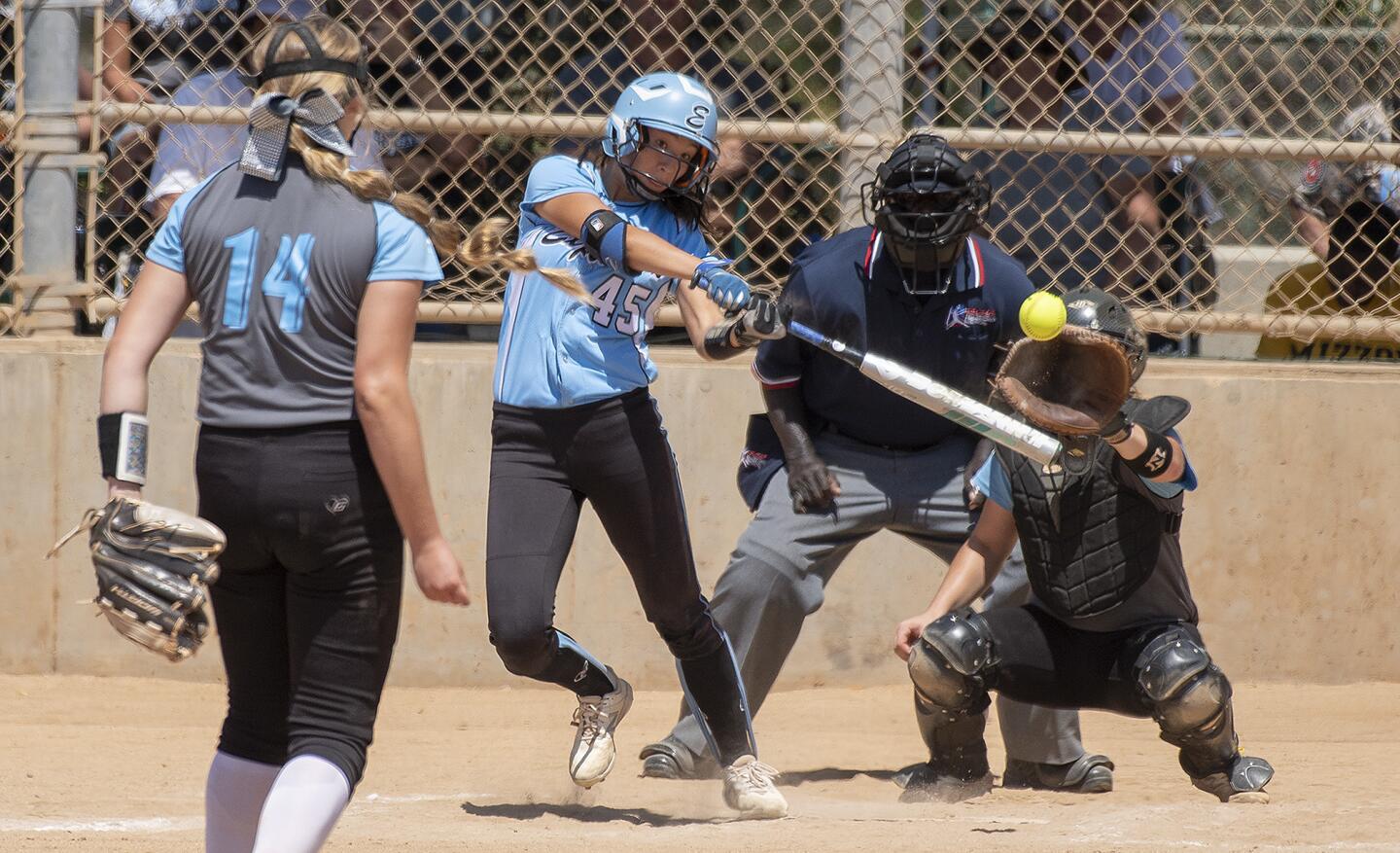 Explosion Denio's Serena Starks hits a double in the third inning off of Tennessee Fury's Ashley Rogers during an 18u game in the Premier Girls Fastpitch Nationals at Huntington Beach Sports Complex on Tuesday, July 24.