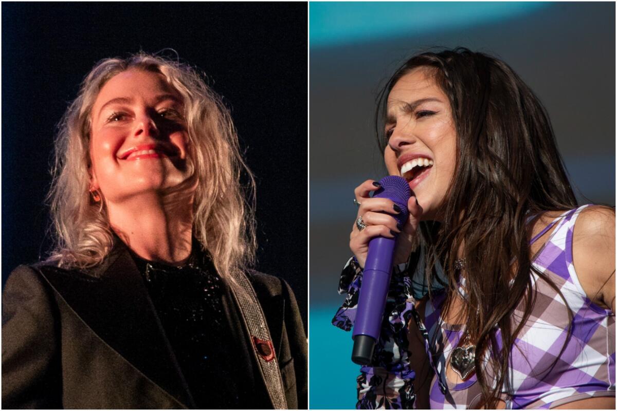 A split image of Phoebe Bridgers smiling and Olivia Rodrigo singing into a purple microphone
