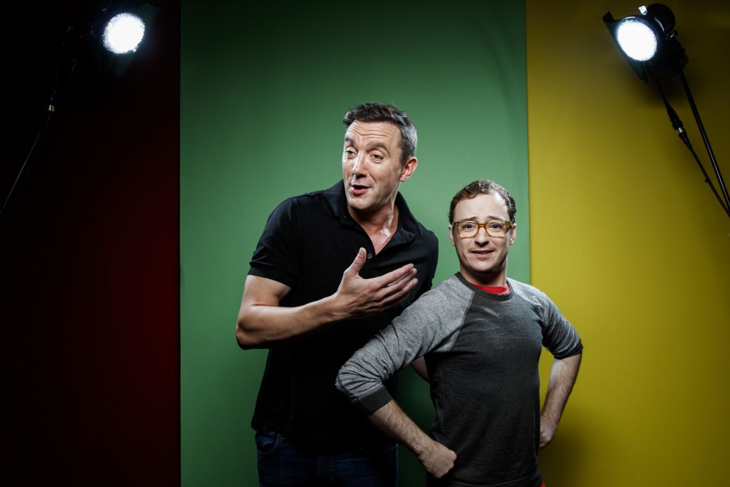 Peter Serafinowicz and Griffin Newman, from the television series "The Tick," photographed in the L.A. Times photo studio at Comic-Con 2017.