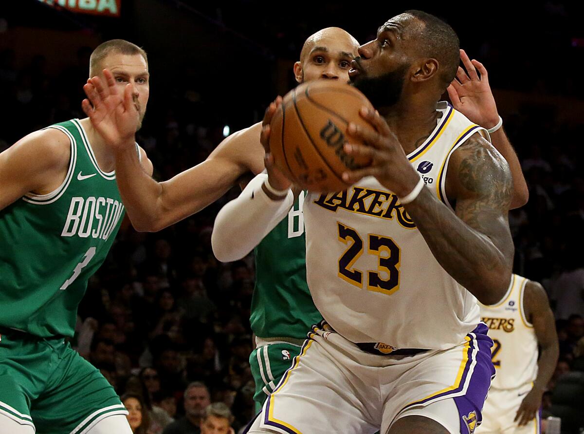 Lakers star LeBron James looks to take a shot during a loss to the Boston Celtics at Crypto.com Arena on Monday.