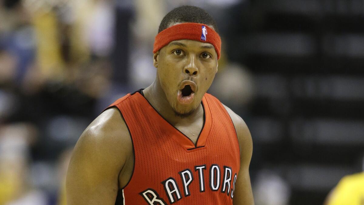 Toronto Raptors guard Kyle Lowry reacts after hitting a shot during a win over the Indiana Pacers on Monday.