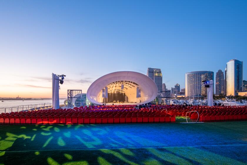 A view of the Rady Shell at Jacobs Park in San Diego. Designed by Tucker Sadler Architects and Soundforms Design Partners, with landscape architecture by Burton Landscaping, this new outdoor performance space features a 4,800 square-foot stage atop the 3.7-acre Embarcadero Marina Park South in San Diego. The venue, completed in 2021, came as part of a join effort between the San Diego Symphony, which will use it as a performance stage in the summers, and the Unified Port of San Diego.
