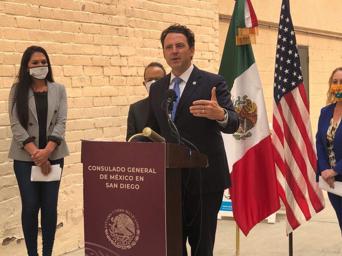 Supervisor Nathan Fletcher discussed COVID testing locations last year outside the Mexican Consulate in San Diego. 