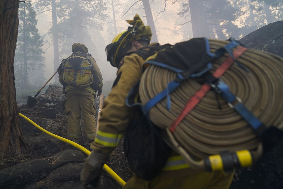 Two firefighters from Cosumnes Fire Department carry water hoses while holding a fire line to keep the Caldor Fire from spreading in South Lake Tahoe, Calif., Friday, Sept. 3, 2021. Fire crews took advantage of decreasing winds to battle a California wildfire near popular Lake Tahoe and were even able to allow some people back to their homes but dry weather and a weekend warming trend meant the battle was far from over. (AP Photo/Jae C. Hong)
