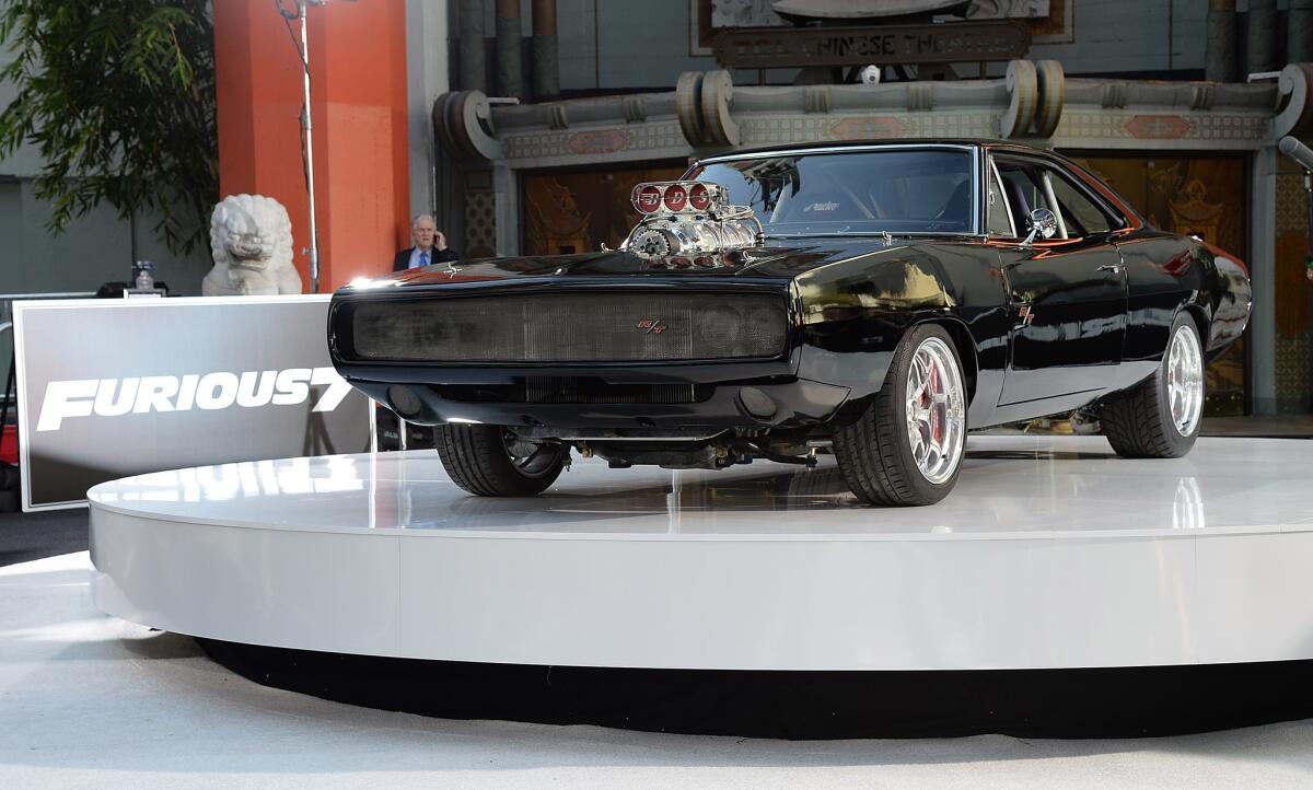 A 1970 Dodge Charger from the first film in the "Fast and Furious" franchise was on display at the "Furious 7" premiere at TCL Chinese 6 Theatres on Wednesday in Hollywood.