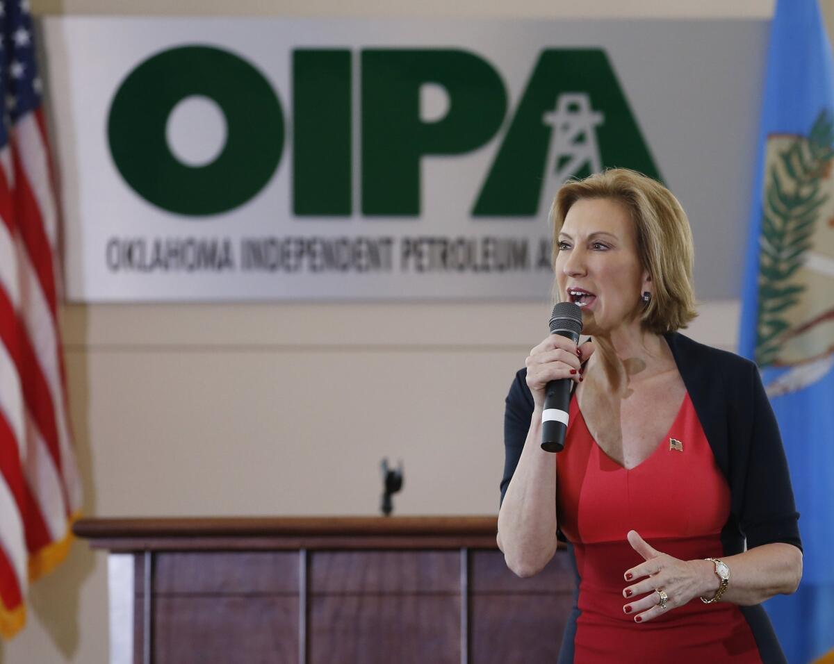 Republican presidential candidate Carly Fiorina speaks to a group of people at the Oklahoma Independent Petroleum Association in Oklahoma City on Sept. 29.