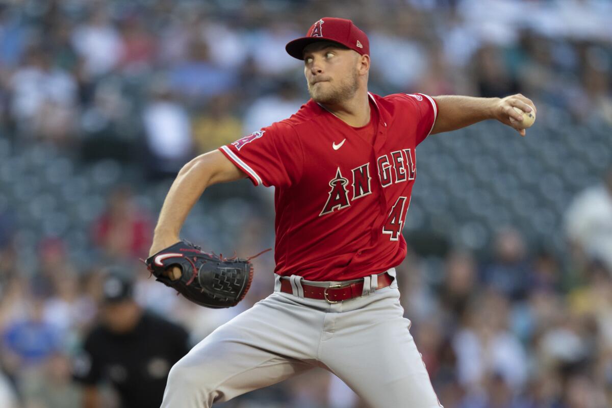 Angels starter Reid Detmers delivers during the first inning against the Seattle Mariners.