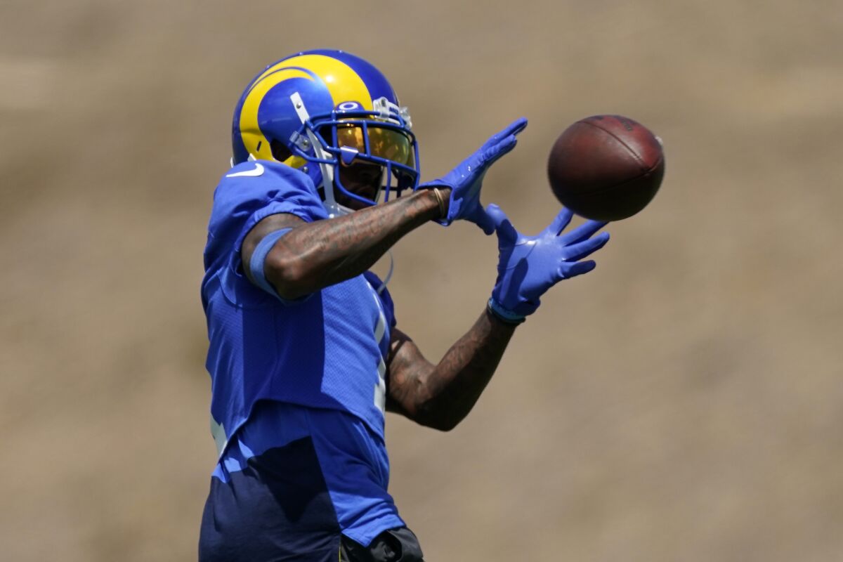 Rams wide receiver DeSean Jackson catches a pass during practice.