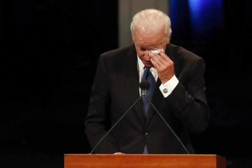 Former US Vice President Joe Biden wipes a tear while giving a tribute during memorial service at North Phoenix Baptist Church for US Senator John McCain on August 30, 2018, in Phoenix. (Photo by Matt YORK / POOL / AFP)MATT YORK/AFP/Getty Images ** OUTS - ELSENT, FPG, CM - OUTS * NM, PH, VA if sourced by CT, LA or MoD **