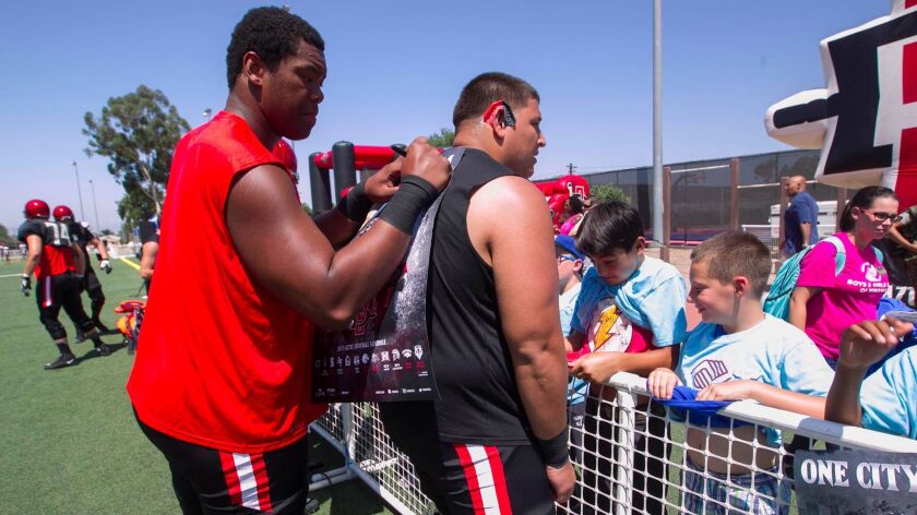 San Diego State offensive lineman Ryan Pope used the back of teammate Antonio Rosales to autograph a poster for a young fan during Friday afternoon's practice at MCAS Miramar. Pope was diagnosed with chickenpox on Saturday.