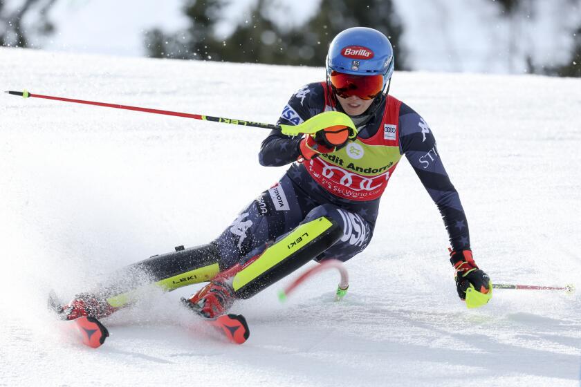 FILE - United States' Mikaela Shiffrin competes in an alpine ski, women's World Cup slalom race.