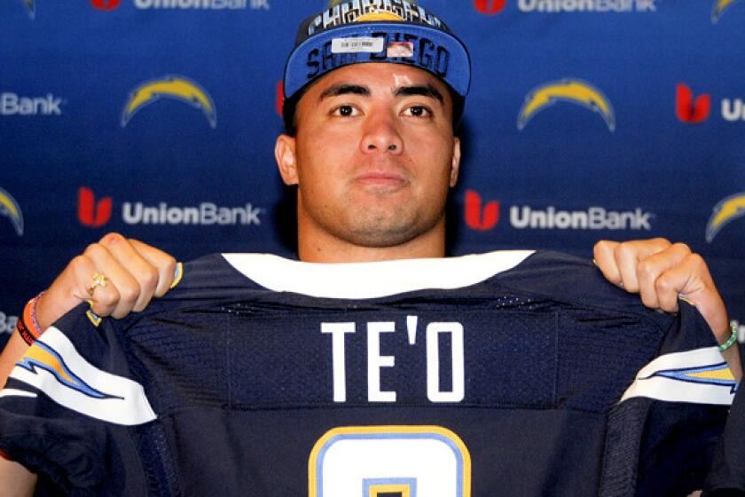 Manti Te'o joins other Chargers draft picks for a news conference Saturday in New York.