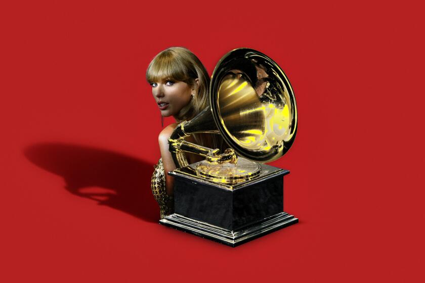 A photo illustration of Taylor Swift hiding behind a Grammy Award.