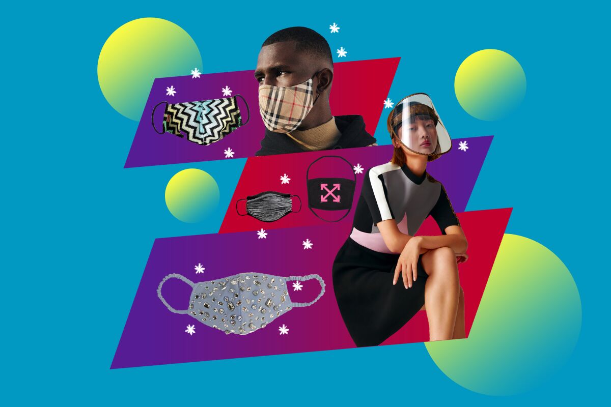 Luxury face masks and a woman wearing a face shield