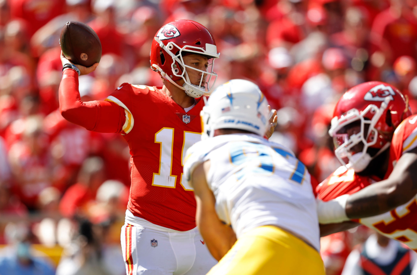 Chiefs quarterback Patrick Mahomes passes against the Chargers on Sept. 26.