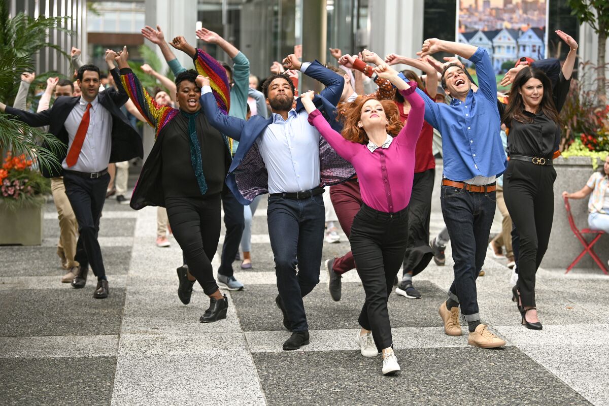 The cast of the NBC dramedy "Zoey's Extraordinary Playlist" execute a dance number.