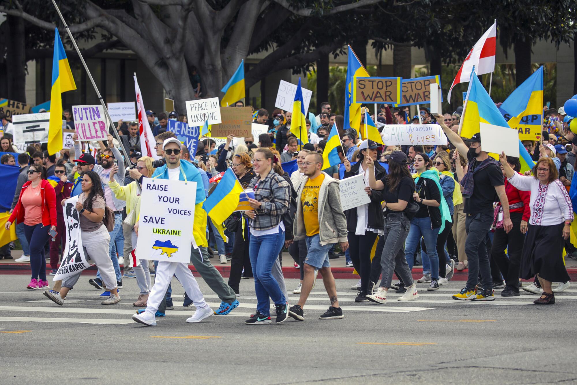 Demonstrators protest the Russian invasion of Ukraine at the intersection of Sepulveda Blvd. and Santa Monica Avenue 