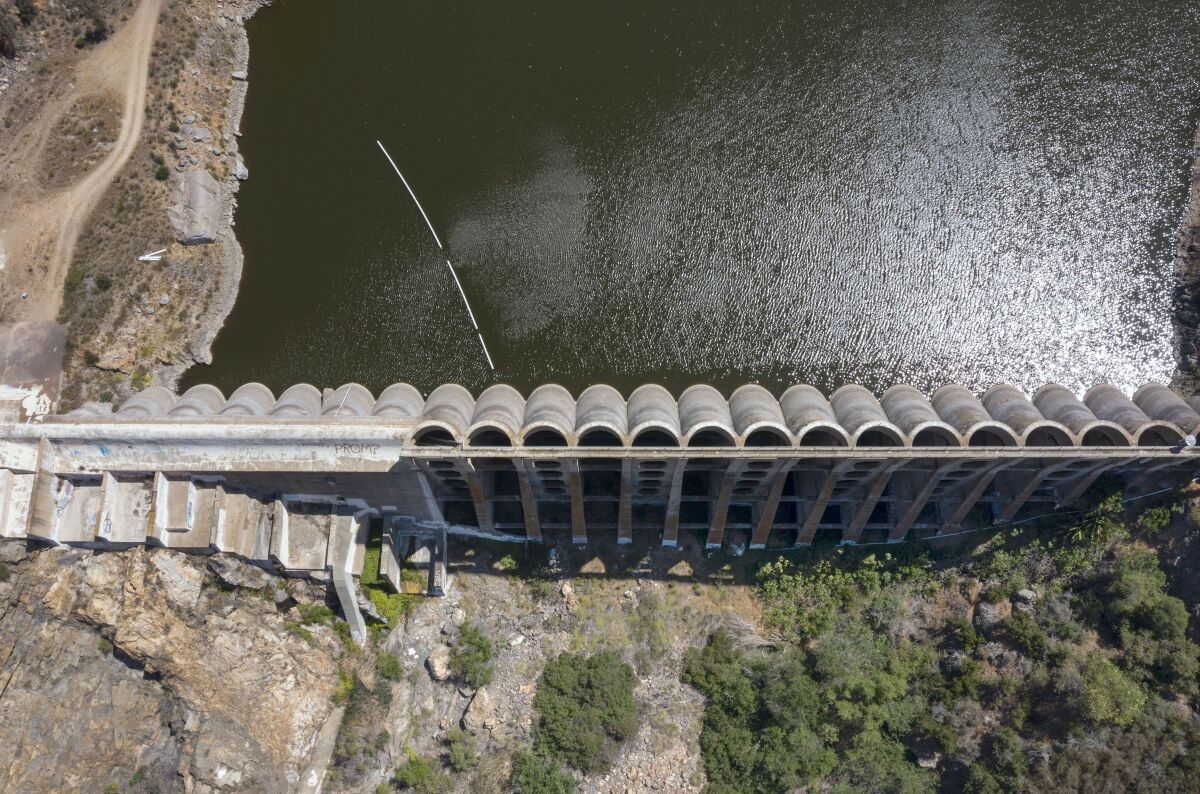 Top view of the Lake Hodges Dam at the southwest end of the lake.
