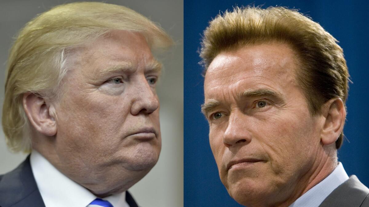 Arnold Schwarzenegger, right, has fired back at President Trump over his approval ratings.