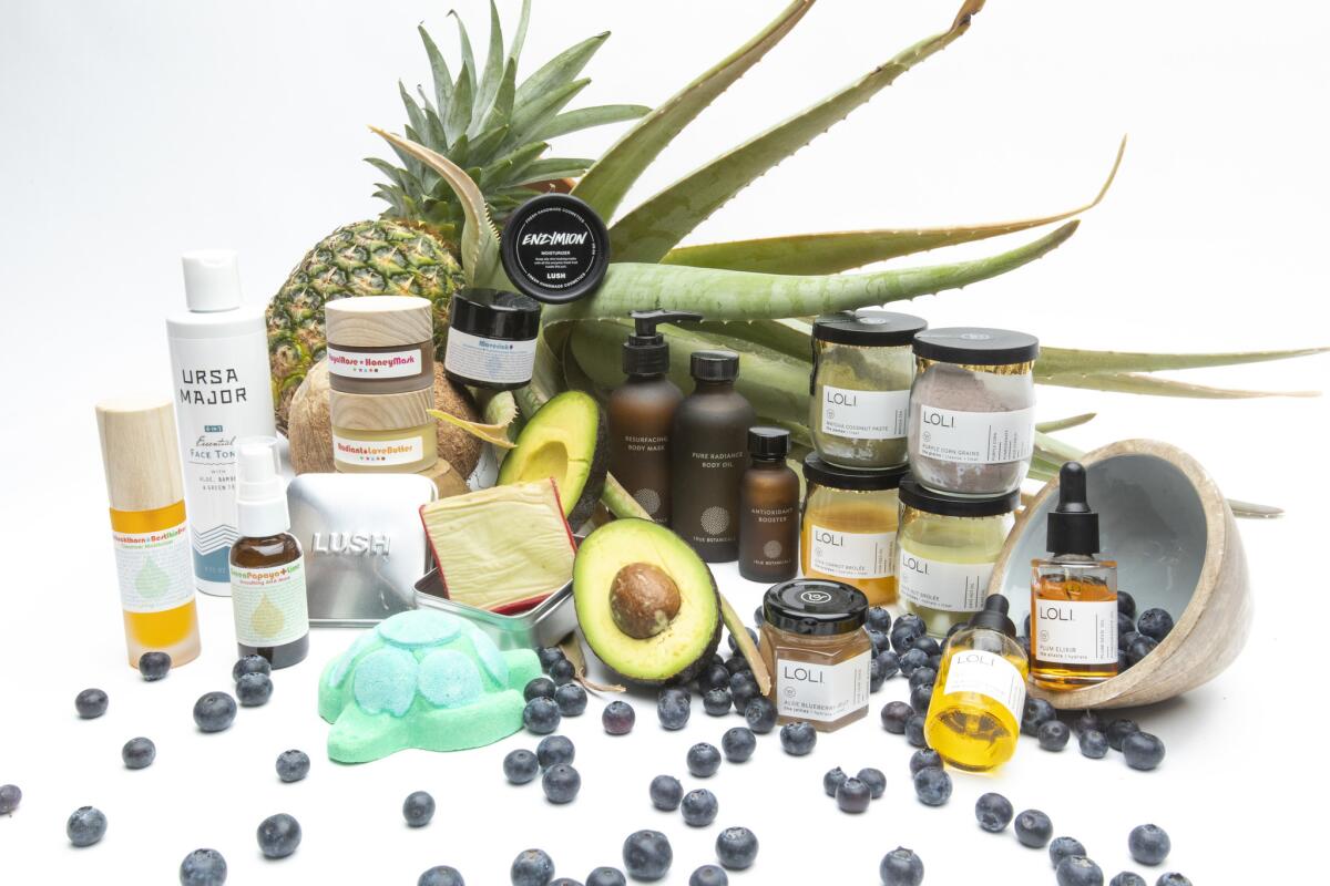 Various natural skin care products with aloe, avocado and other ingredients.