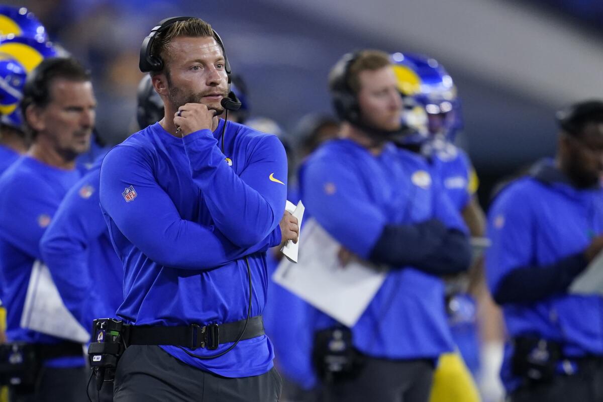 Rams coach Sean McVay watches from the sideline during a preseason game against the Houston Texans on Aug. 19.