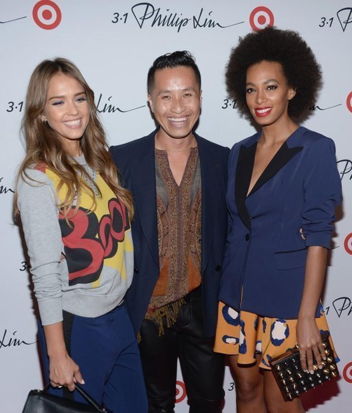 Jessica Alba, designer Phillip Lim and Solange Knowles attend the 3.1 Phillip Lim for Target launch party on Sept. 5. The collection debuts in stores Sunday.