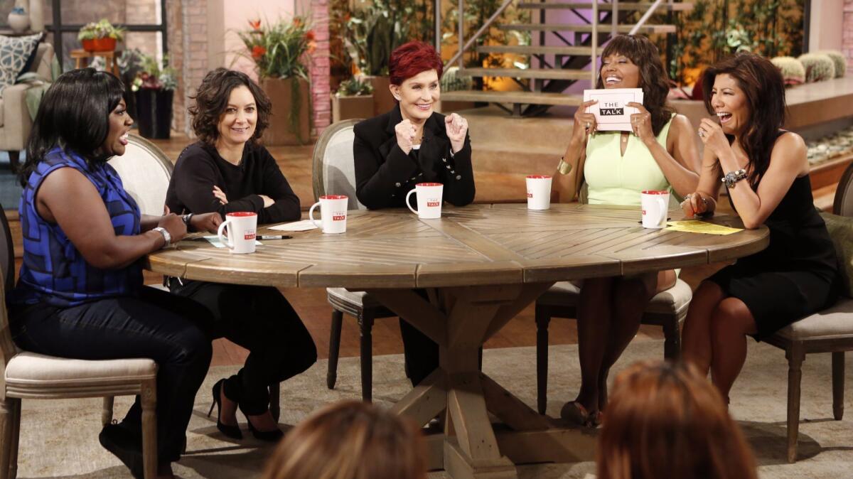 On "The Talk" in 2015 are Sheryl Underwood, left, Sara Gilbert, Sharon Osbourne, Aisha Tyler and Julie Chen. (Sonja Flemming / CBS)